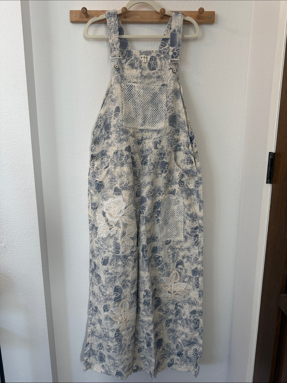 NEW- POL Overalls Floral Embroidery Accents with Mesh and Crochet Details- Large